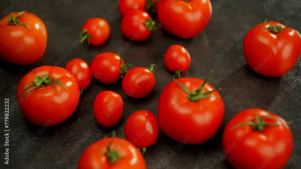 In the center of the frame, a red tomato slowly rotates around itself. Cherry tomatoes are rolled parallely on a dark surface. High quality FullHD footage In the center of the frame, a red tomato slowly rotates around itself. Cherry tomatoes are rolled parallely on a dark surface. High quality FullHD footage