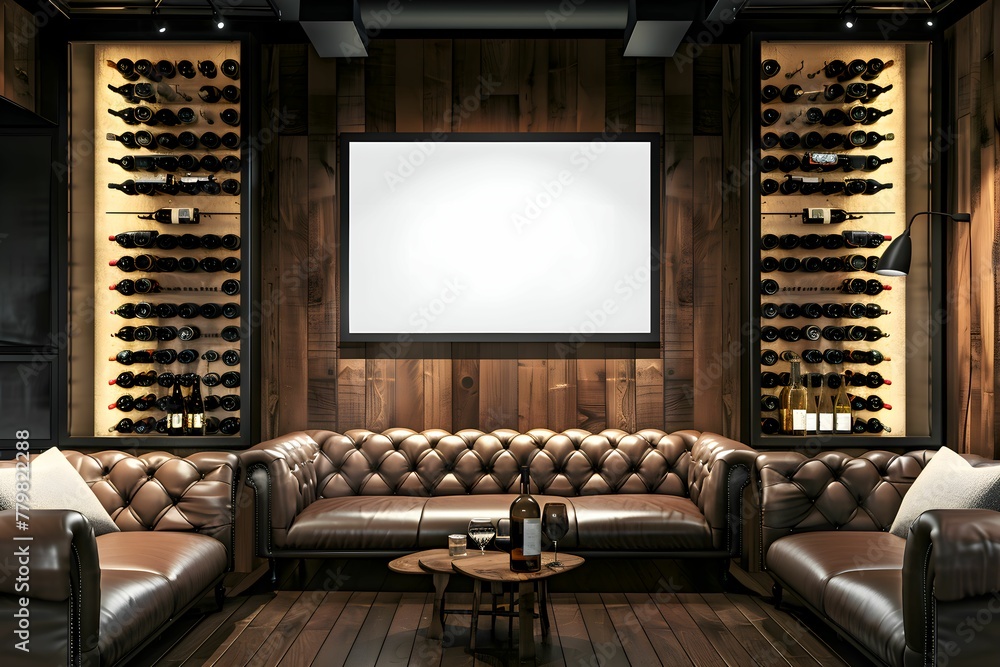 Obraz premium Frame & poster mockup in with Sophisticated wine lounge with leather seating style interior