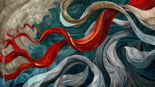 Rustic red tendrils weaving through a mesmerizing tapestry of oceanic teal and slate gray.
