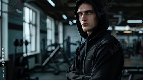 A man in a black hoodie standing in a gym