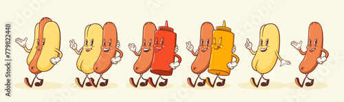 Groovy Hotdog Retro Character Illustrations Set. Cartoon Sausage, Bun and Ketchup Bottle Walking Smiling Vector Food Mascot Template. Happy Vintage Cool Fast Food Rubberhose Style Drawing Isolated