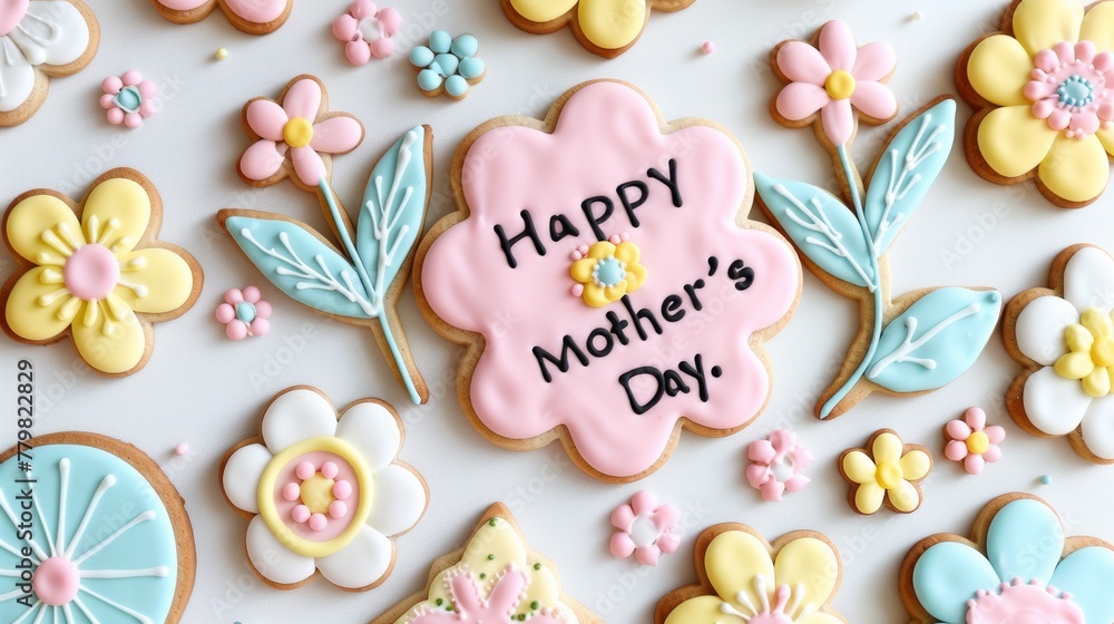 A bunch of decorated cookies that say happy mother's day - obrazy, fototapety, plakaty 