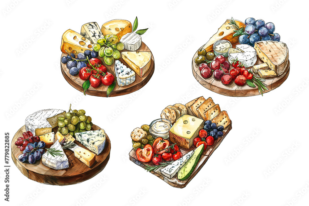 cheese plate illustration hand drawing watercolor isolated on a transparent background, Generative AI