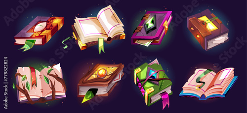 Witches magic books with enchantments and spells recipes. Vector isolated handbook with gem on cover, bookmarks and occult symbol decoration. Sorcerer and wizard grimoires and witchcraft