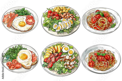 brunch plate illustration hand drawing watercolor isolated on a transparent background, Generative AI
