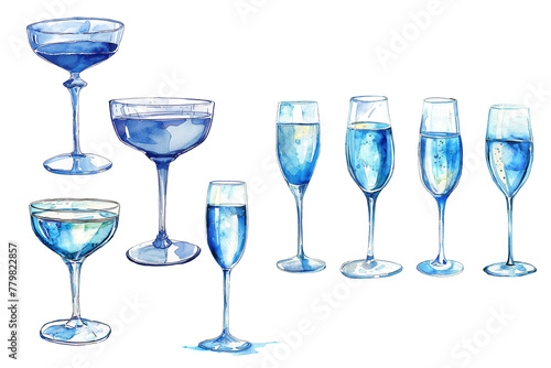 glass of champagne cocktail illustration hand drawing watercolor isolated on a transparent background, Generative AI