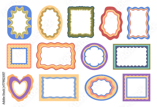 Doodle colorful frames with wavy borders and decorative elements. Vector isolated square shape and circle, oval and rectangle. Empty and blank templates for picture or photo album design