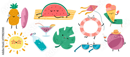 Cute summer personages. Vector pineapple with surfboard and watermelon on beach, lifebuoy with kite and ice cream cone, ball in hat with cocktail and glasses, tropical leaf and water bottle