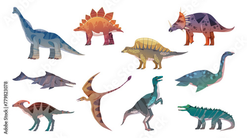 Extinct animals from prehistoric period, isolated set of dinosaurs. Vector dino triceratops and stegosaurus, jurrasic creatures and species with wings, fins and claws. Marine and land wild reptile