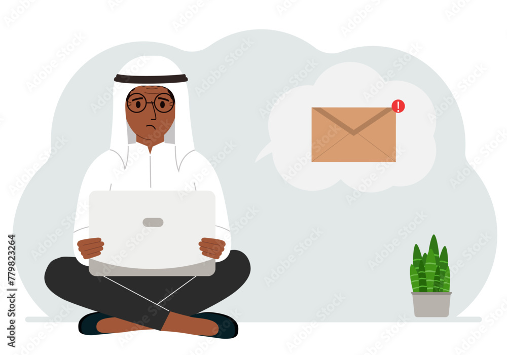 A man sits cross-legged working with a laptop and opens an email. The concept of education, work, correspondence. Vector flat illustration