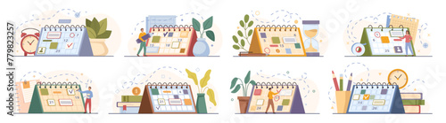 Calendars and planning organizers for scheduling work and seeing agenda. Vector isolated people setting deadlines and putting memos, projects and tasks prioritizing and dates management