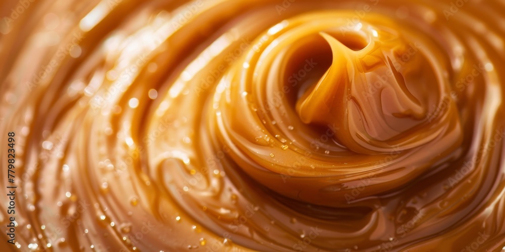 A swirl of caramel sauce with a small hole in the center. The sauce is thick and rich, with a golden brown color. The swirl pattern suggests a sense of movement and energy A swirl of caramel sauce with a small hole in the center. The sauce is thick and rich, with a golden brown color. The swirl pattern suggests a sense of movement and energy