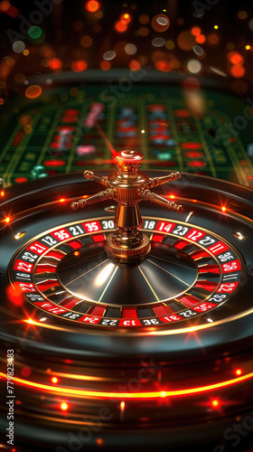 A close up of a roulette wheel with a gold and red ball on top