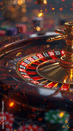 A close up of a roulette wheel with a gold colored handle