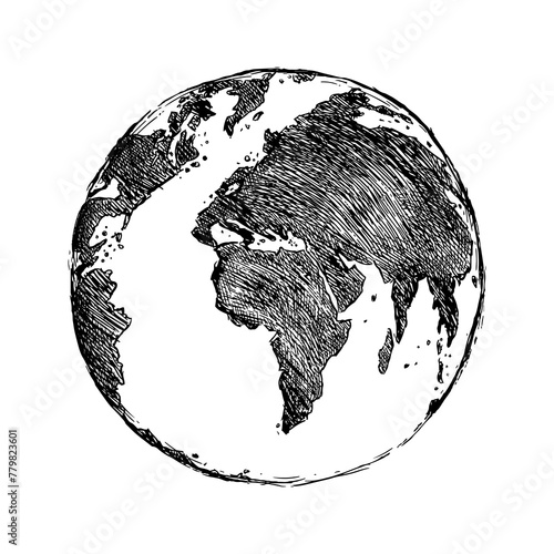 Fototapeta Naklejka Na Ścianę i Meble -  Globe sketch. Hand drawn earth planet with continents and oceans. Doodle world map illustration. Planet and world sketch map with ocean and land.