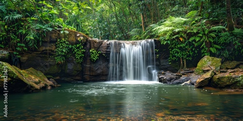 A waterfall is flowing into a small pond in a lush green forest. The water is clear and calm  and the surrounding trees are tall and green. The scene is peaceful and serene