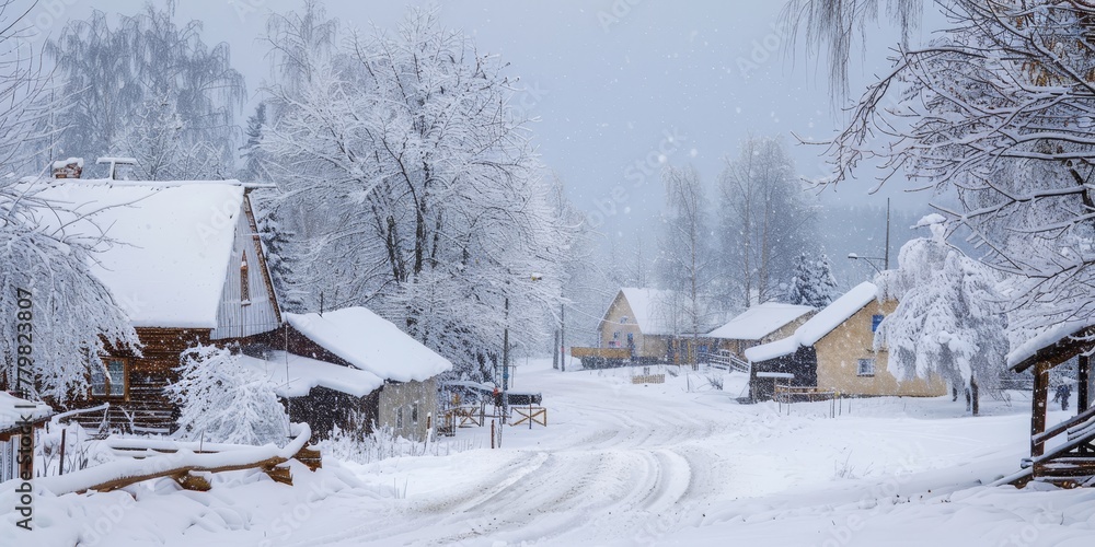 A snowy street with houses and a barn. The snow is falling and the street is covered in snow