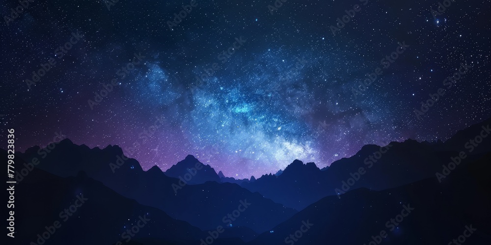 A starry night sky with mountains in the background. The sky is dark and the stars are shining brightly. The mountains are covered in snow and the sky is filled with a sense of peace and tranquility