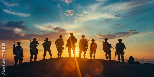 A group of soldiers stand on a hillside  looking out over the horizon. The sun is setting  casting a warm glow over the scene. The soldiers are all wearing camouflage uniforms