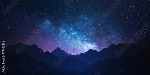 A starry night sky with mountains in the background. The sky is dark and the stars are shining brightly. The mountains are covered in snow and the sky is filled with a sense of peace and tranquility