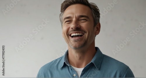 young white middle aged man on plain bright white background laughing hysterically looking at camera background banner template ad marketing concept from Generative AI