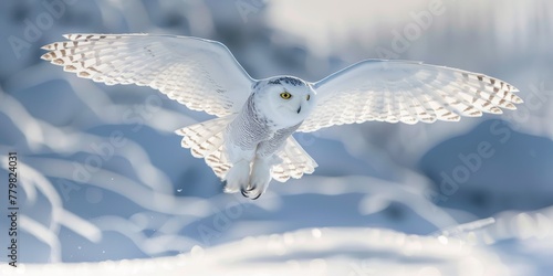 A white owl is flying through the snow. Concept of freedom and grace as the bird soars through the winter landscape