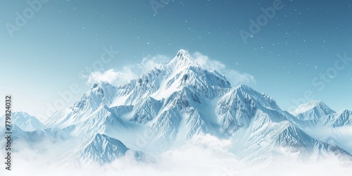 A snowy mountain range with a clear blue sky. The mountains are covered in snow, and the clouds are scattered throughout the sky. Concept of tranquility and serenity