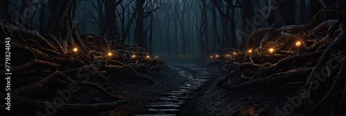 Explore the enigmatic allure of a somber forest enveloped in an eerie darkness, where silence hangs heavy and mystery lingers in the air.