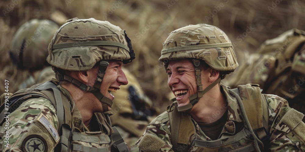 Two soldiers are laughing and smiling at each other. They are wearing military gear and are sitting on the ground