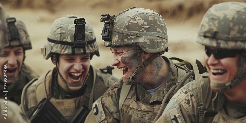 Fototapeta premium A group of soldiers are laughing and smiling, enjoying each other's company. Scene is lighthearted and friendly, as the soldiers are bonding and sharing a moment of camaraderie
