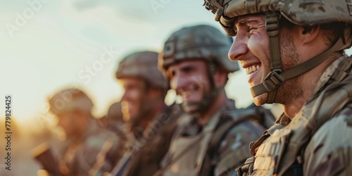 A group of soldiers are smiling and posing for a picture. Scene is happy and positive, as the soldiers are enjoying their time together