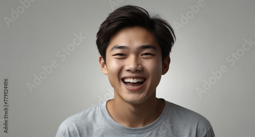 young asian teenage boy on plain bright white background laughing hysterically looking at camera background banner template ad marketing concept from Generative AI