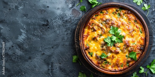 A bowl of food with a green herb on top. The bowl is on a wooden table. The food is cheesy and looks delicious