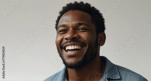 young black african middle aged man on plain bright white background laughing hysterically looking at camera background banner template ad marketing concept from Generative AI photo