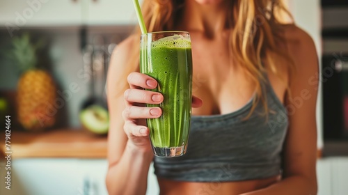 photo close up woman in sport clothes in neutral color holding a glass of green smoothie close up, modern kitchen in the background