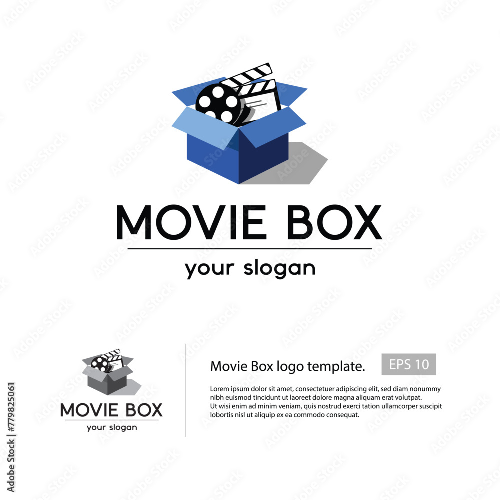 Obraz premium Movie box logo with a blue box that filled with film maker properties such movie roll, that suitable for your movie studio logo.