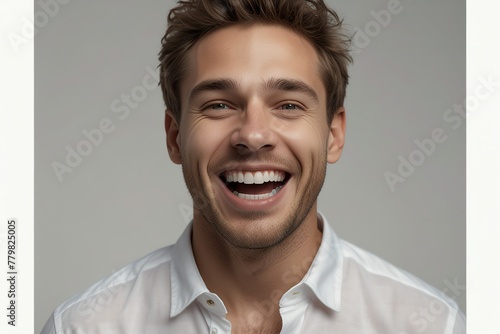 young caucasian man on plain bright white background laughing hysterically looking at camera background banner template ad marketing concept from Generative AI