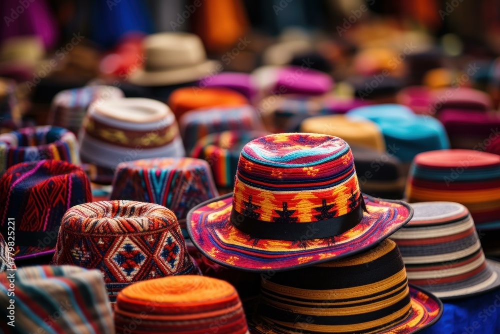 Elaborate Peru traditional colorful hats. Brightly colored headwear for culture fiesta festival. Generate ai