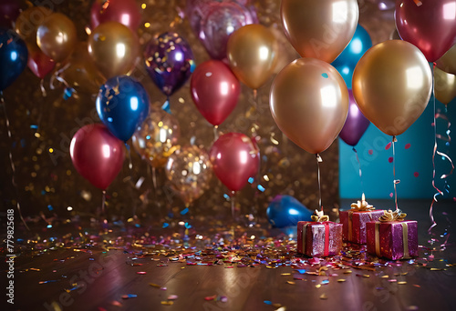 Colorful metallic balloons, birthday party, celebration with confetti, festival, gift boxes, Xmas background wallpaper
