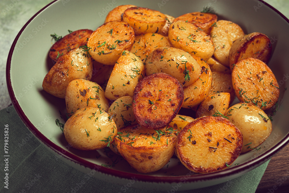 Baked new potatoes, with butter and dill, homemade, no people, Baked new potatoes, with butter and dill, homemade, no people,