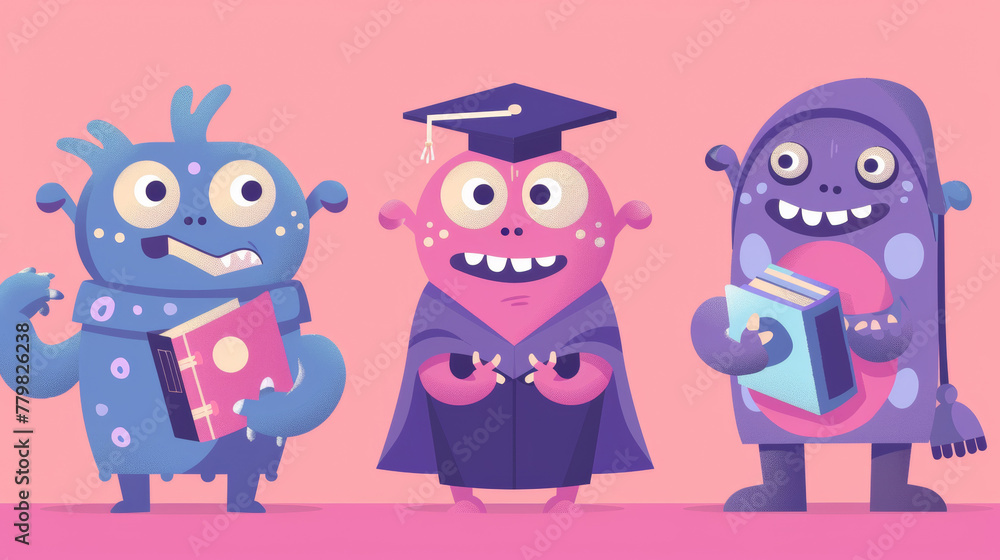 A group of cartoon characters with books A group of cartoon characters with books