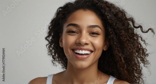young jamaican woman on plain bright white background laughing hysterically looking at camera background banner template ad marketing concept from Generative AI photo