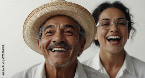young mexican elderly man on plain bright white background laughing hysterically looking at camera background banner template ad marketing concept from Generative AI photo