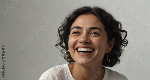 young mexican elderly woman on plain bright white background laughing hysterically looking at camera background banner template ad marketing concept from Generative AI © sevenSkies
