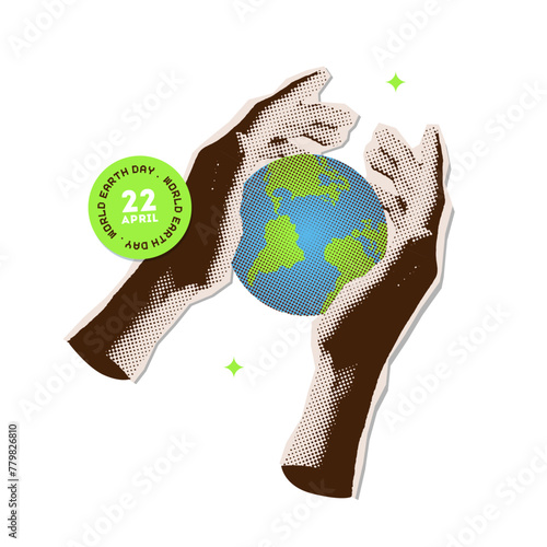 Pixel art of hands holding globe. 22 April is World Earth day. Hands saving the planet concept. Torn out paper halftone collage art. Nostalgia vector illustration. © LanaSham