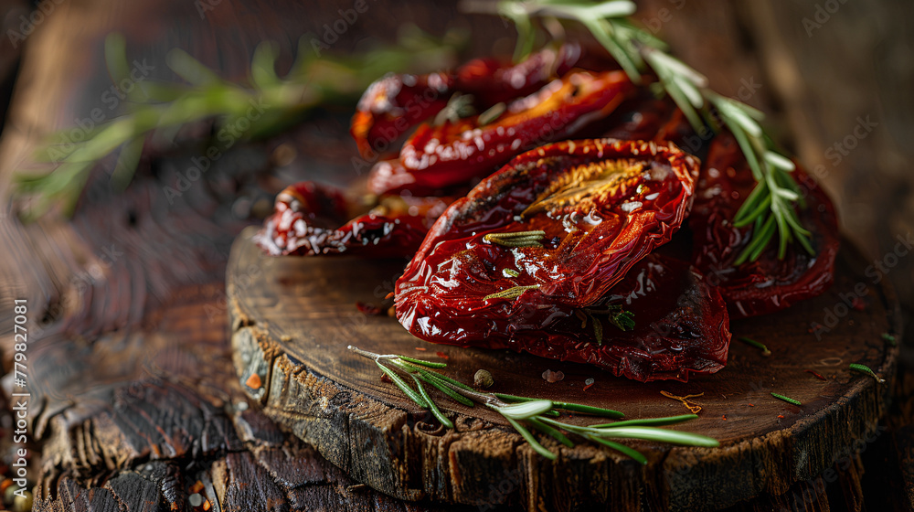 sun-dried tomato slices with thyme from the oven, rustic style, blur effect sun-dried tomato slices with thyme from the oven, rustic style, blur effect