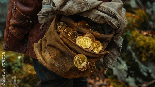 A conceptual close-up image showcasing a sack brimming with golden Bitcoin tokens, metaphorically illustrating wealth in the era of cryptocurrency. Close-Up of Sack Full of Bitcoin Tokens