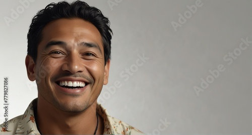 young native hawaiian middle aged man on plain bright white background laughing hysterically looking at camera background banner template ad marketing concept from Generative AI © sevenSkies