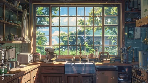 Warm, sunlit kitchen filled with modern appliances and a large window showcasing a lush garden view. Sunny Kitchen Interior with a Garden View lofi anime cartoon