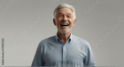 young white elderly man on plain bright white background laughing hysterically looking at camera background banner template ad marketing concept from Generative AI photo